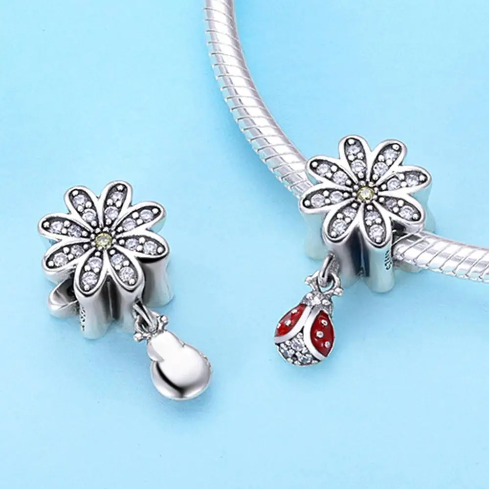 Trendy 925 Sterling Silver CZ Daisy Flower Ladybug Pendant Charms fit Bracelet Necklace DIY Accessories Jewelry Fashion SCC727 | Украшения