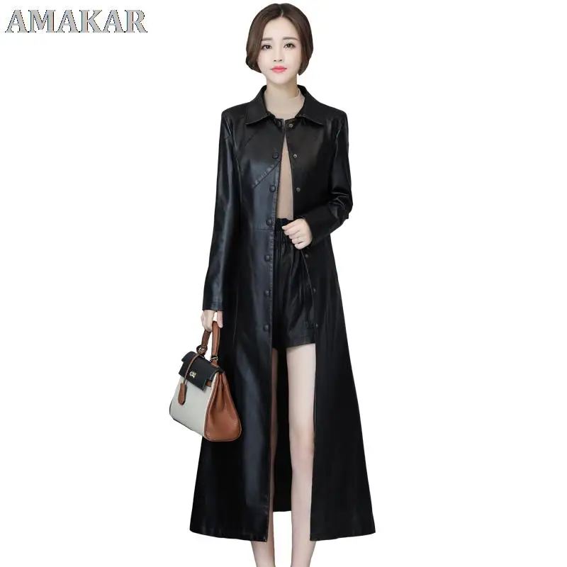 

Spring Autumn New Genuine Leather Jacket Women's Medium Long Slim Sheepskin Trench Coat Korean Over-the-Knee Jacket overcoat