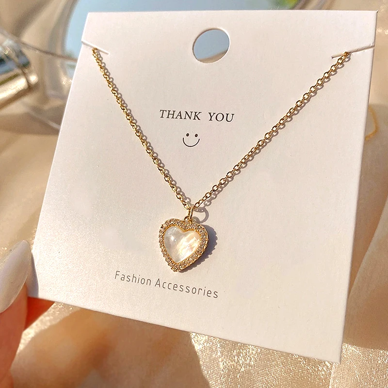 

New Popular Design 316L Stainless Steel Peach Heart Opal Pendant Chain Necklace for Women Girl Temperament Jewelry Zircon Choker