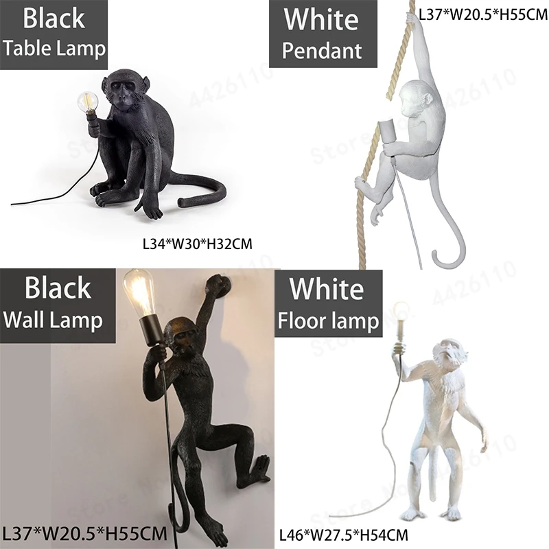 Светодиодный светильник из смолы с изображением обезьяны черный белый пеньковая