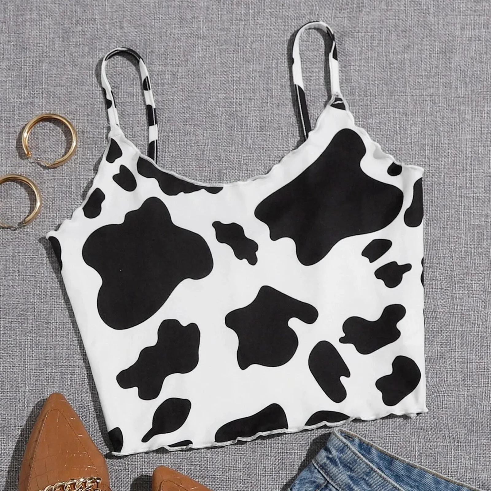 Tops cortos sexys con estampado de vaca lechera para Mujer, Camiseta sin...