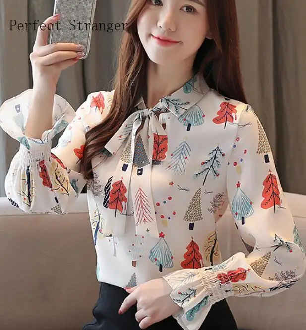 Женская шифоновая блузка с длинным рукавом Элегантная бантом на воротнике и