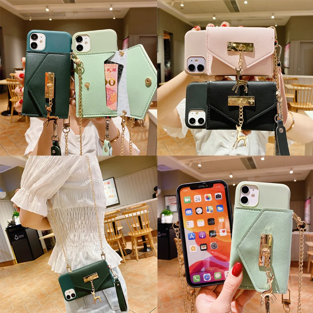 

For Oneplus 6 6T 7 7T 8 8T 9 Pro Metal Pendant Deer Card Pocket Purse Case Phone Back Cover Crossbody Shell Long Strap Chain