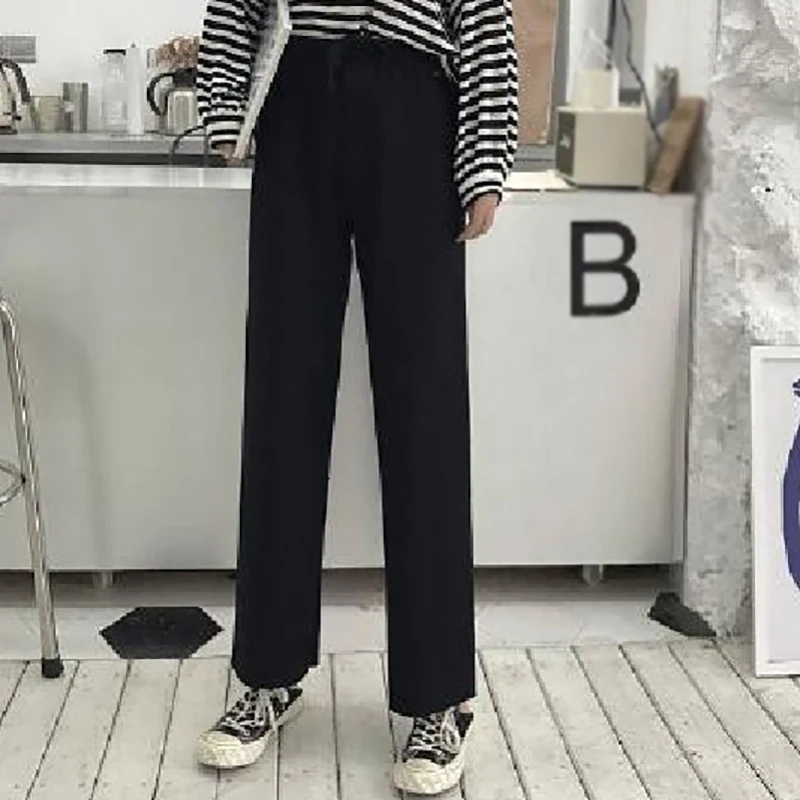 Брюки Женские однотонные с высокой талией свободные прямые повседневные штаны
