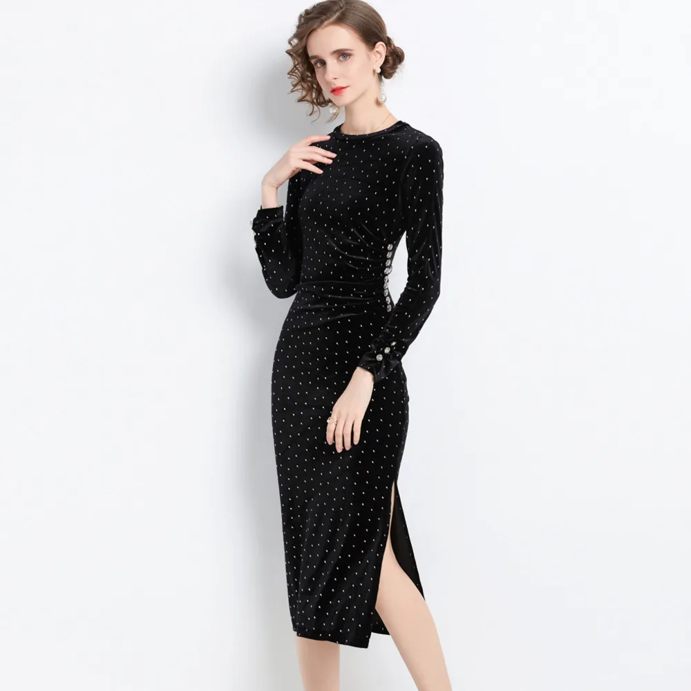 

Винтажное бархатное платье в горошек, Женская осенне-зимняя одежда, однобортное облегающее платье-футляр с рюшами, вечернее женское платье