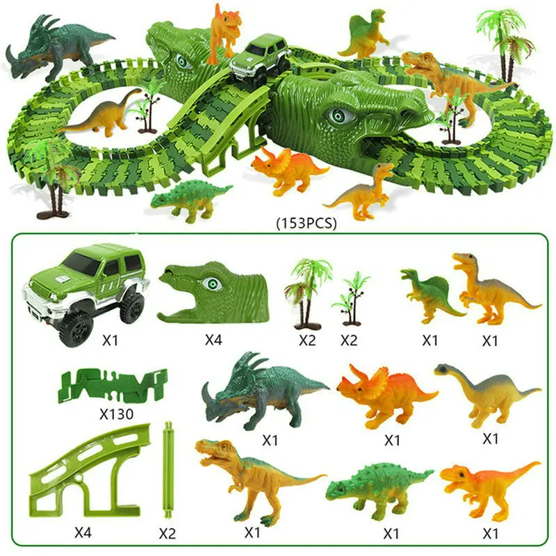 

Dinosaur World Flexible Track Road Race Playset Model With Cool Off-road Cars Best Gifts Toys For Children