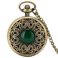 portable quartz pocket watch exquisite emerald green bronze case simple dial nostalgic slim chain pendant men women pocket watch