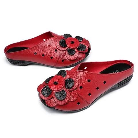 

Flat Shoes Female Cover Toe Slippers Women Summer Pantofle Slides Low 2021 Genuine Leather Ethnic Rubber Fretwork Fabric Basic