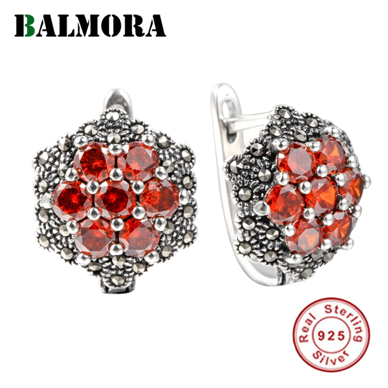 BALMORA Настоящее 925 пробы Silve элегантный и Романтический Красный Гранат Серьги гвоздики для женщин матери специальный подарок Ретро Мода Bijoux