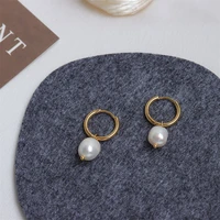 allergy free vintage cheap fresh water pearl hoop earring for woman fashion stainless steel 18k gold plated accessory never fade