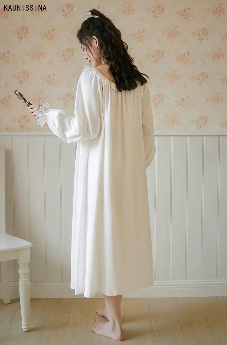 

Women Cotton Nightgown Sleepwear White Nightdress Spring Autumn Loungewear Female Retro Lace Princess Night Dress