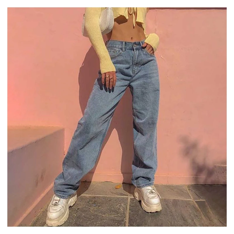

Однотонные широкие брюки, свободные женские джинсы с высокой талией, новинка 2020, осенние женские винтажные модные облегающие Женские джинс...