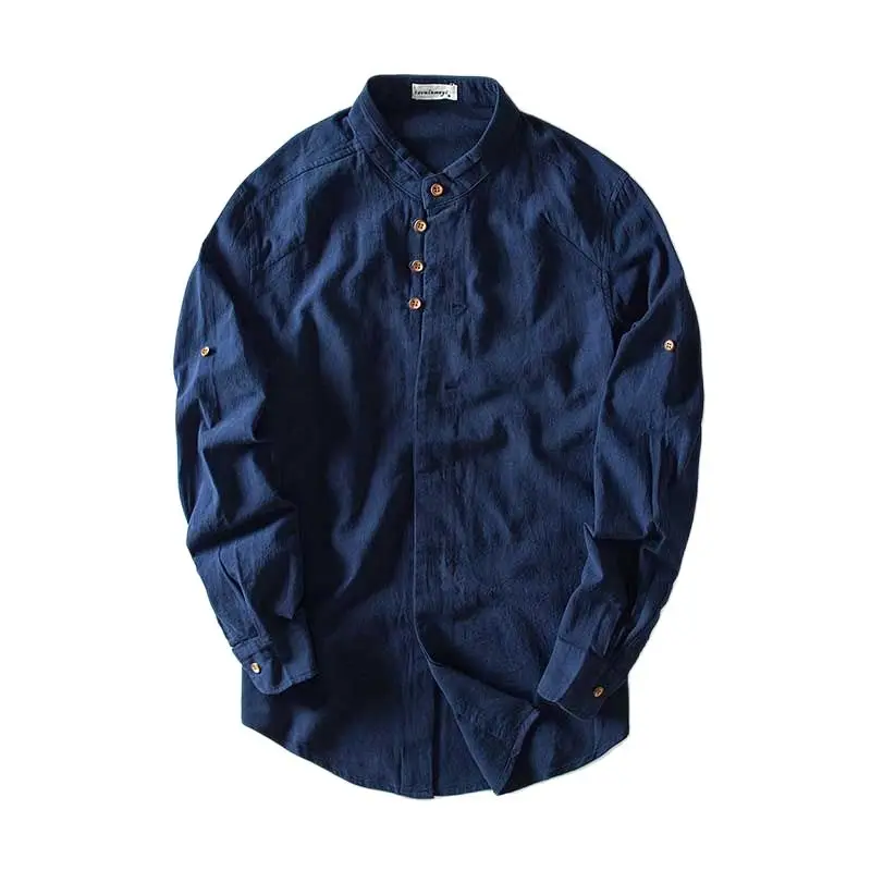 Рубашка мужская с воротником-стойкой хлопково-Льняная сорочка длинным рукавом