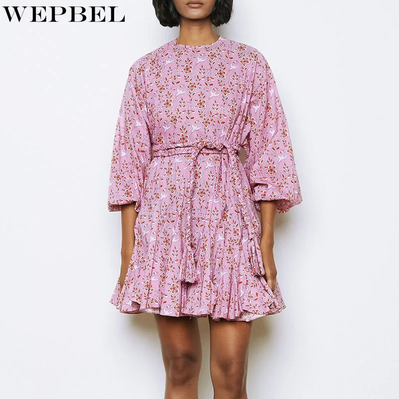 

Wepbel O-Neck Lantern Sleeve Dress Women Vacation Style Printed High Waist Dress Casual Ladies Tied Lotus Leaf Dress