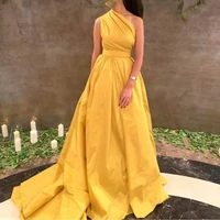 elegant yellow long prom evening dresses one shoulder floor length robe de soiree satin formal party gown vestidos de festa