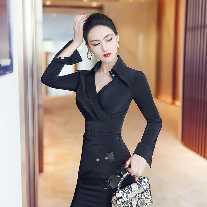 

Heavy Industry Autumn New Women's Temperament Black Shirt Design Sense Irregular Splicing Hip Wrap Skirt Two Piece Suit Oodji