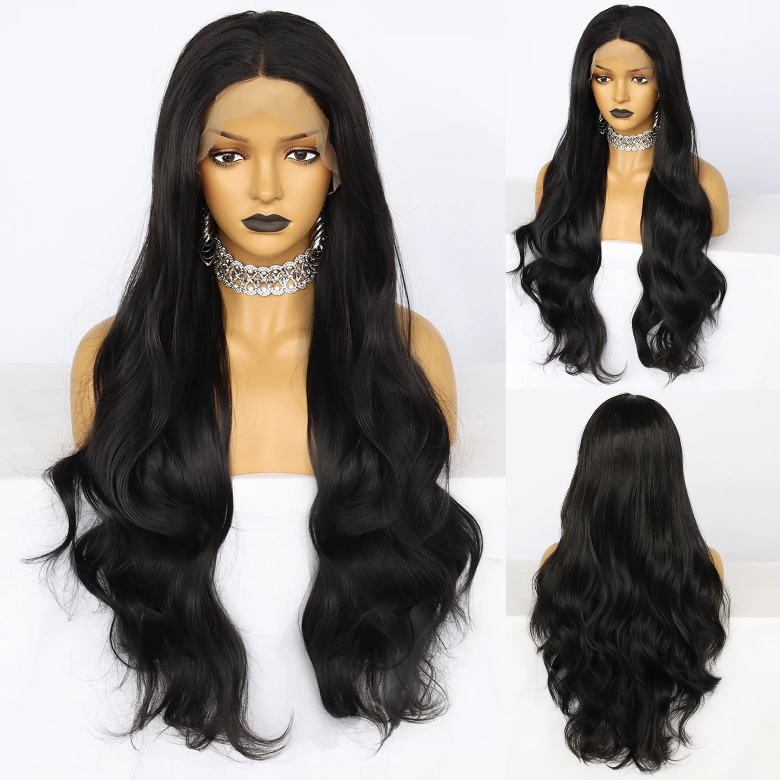 JONETING Long Wavy Wig T Part Black Heat Resistant Fiber Synthetic Lace Front Wigs for Women