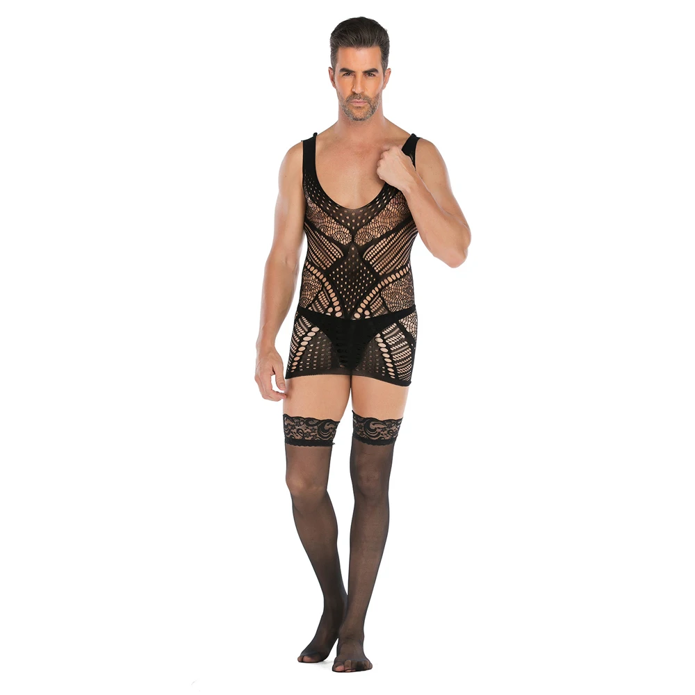 Пикантная Мужская жаккардовая майка без рукавов цельная сетчатая юбка
