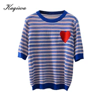 2021 luxury designer brand knitted top for women o neck hot drilling red love striped knitted black blue summer t shirts d 007