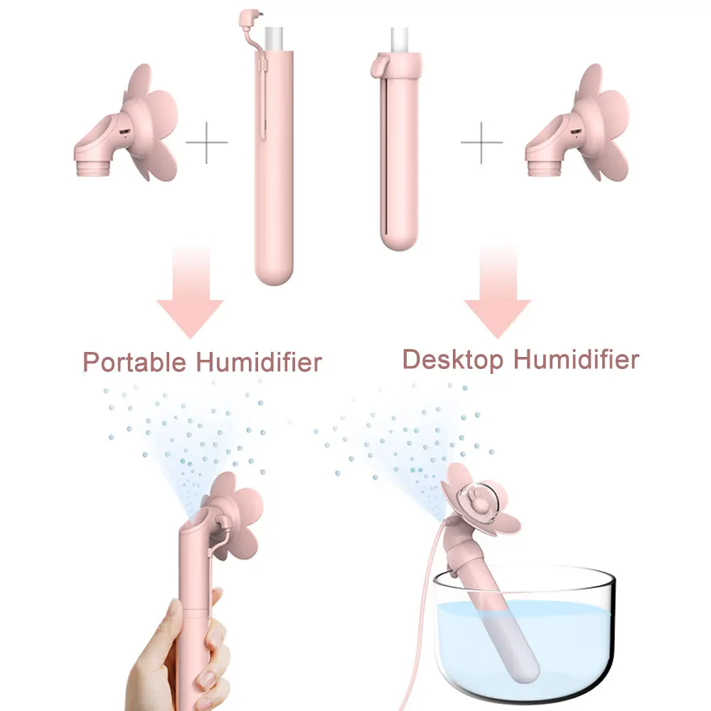 

2 In 1 Mini Humidifier With Nightlight Cute Flower Shape Air Cooling Mist Maker USB Rechargeable Portable Desktop Water Sprayer