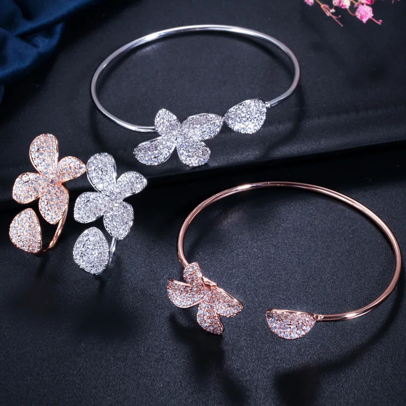 CWWZircons Adjustable Size Full Cubic Zirconia Rose Gold Color Flower Leaf Cuff Bangle Bracelet and Ring Sets for Women T071|Ювелирные