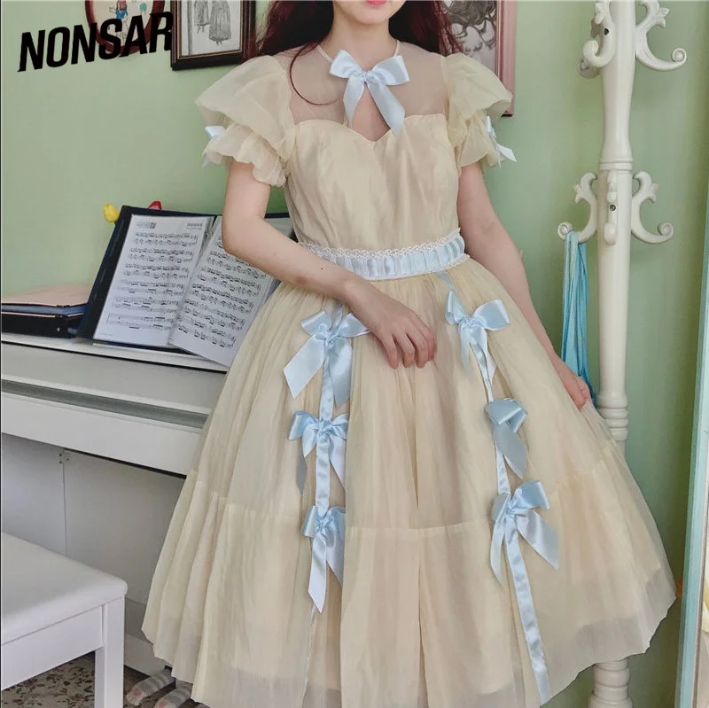 

Новинка весны, французское ретро платье в стиле Лолиты NONSAR, милое платье с короткими рукавами для девочек, одежда принцессы феи