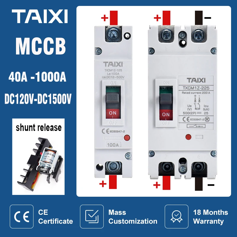 Taixi Solar Mccb 500v 1000v 1500v dc Disjuntor Fotovoltaico 150a 200a 300a 400a 600a Isolador Fotovoltaico Dc24v Derivação Disjuntores
