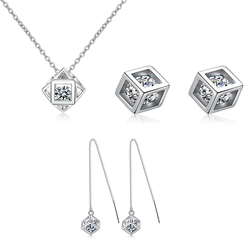 Милый квадратный куб из стерлингового серебра 925 пробы, циркониевый кулон, ожерелье+ серьги для женщин, подарок, ожерелье-колье, ювелирный набор