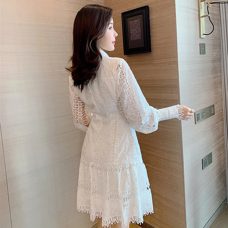 

2020 New Autumn Fashion Hollow Out Embroidery White Lace Dress Women Vintage Lantern Long Sleeve Slim Mermaid Dress