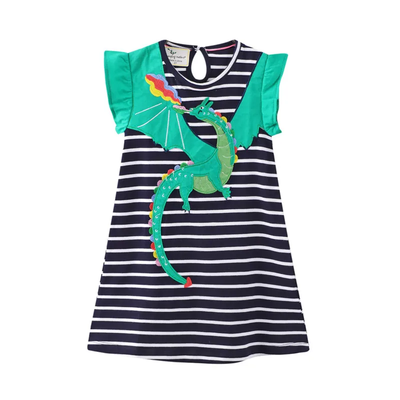 Jumping Meters Summer Princess Girls Dresses Flying Dragon Applique Cute Children's Clothes Sleeveless Stripe Baby Party Dress