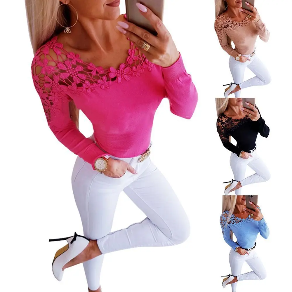 

2019 autumn new elastic slim lace stitching shirt women's clothing