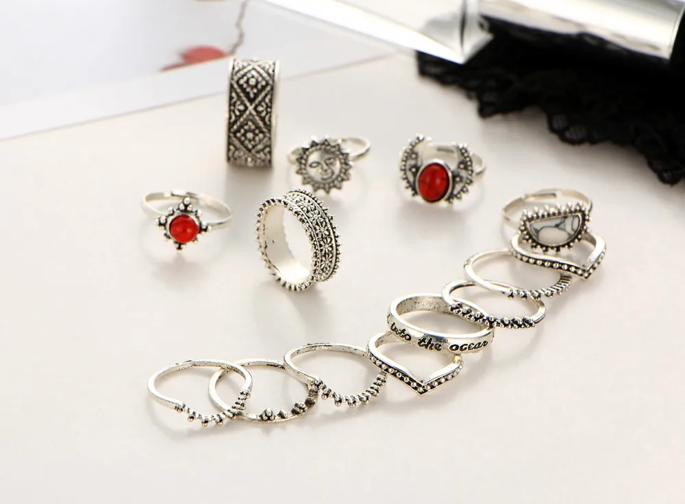 14pcs/Set Women Bohemian fashion high quality Vintage Silver Stack Rings Above Knuckle Blue Set jewelry accessories #10 | Украшения и