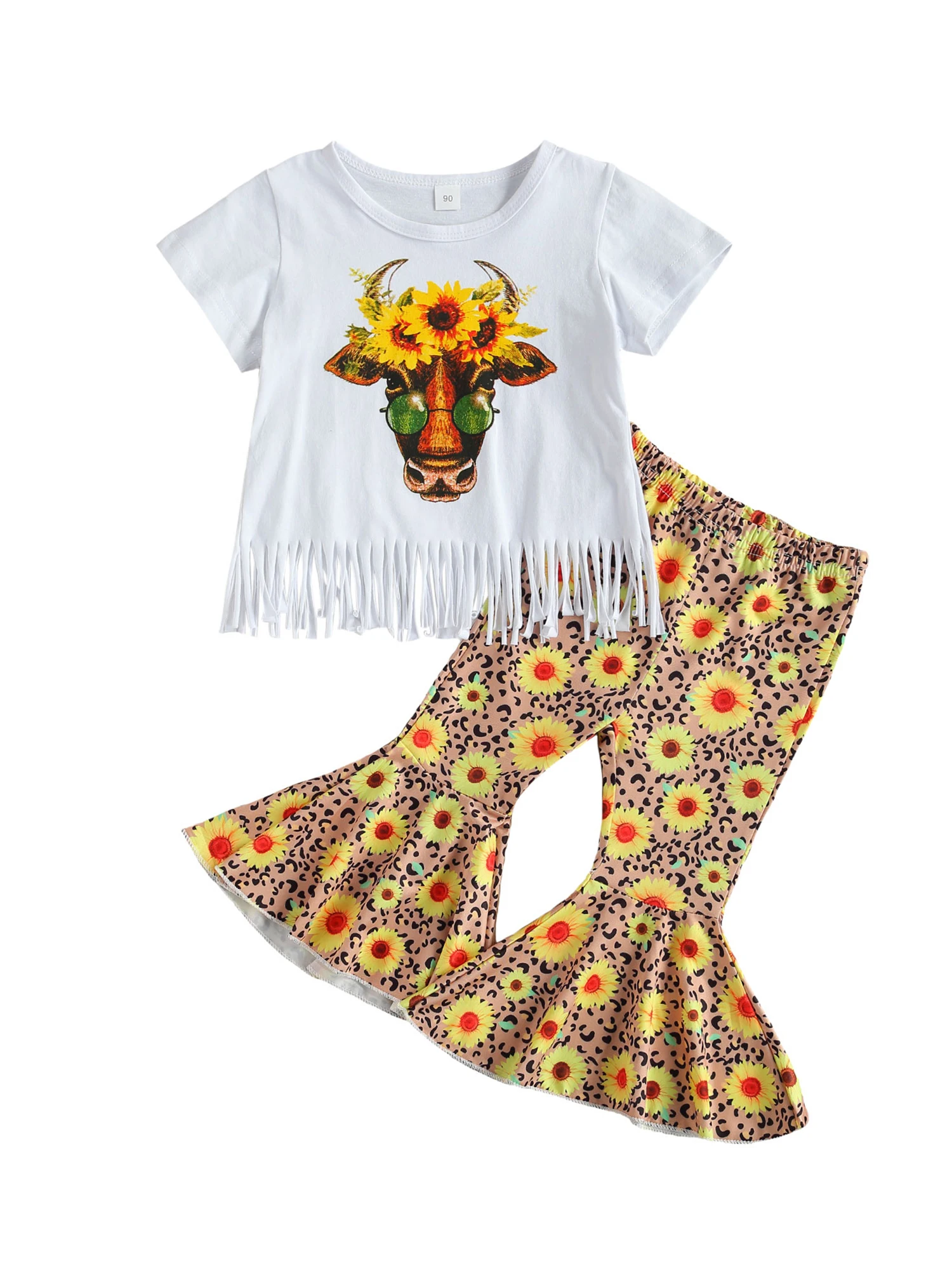 

Kids Girls Clothing Set Short Sleeve Tops and Flower Print Flared Pants 2PC Suit Clothes Set