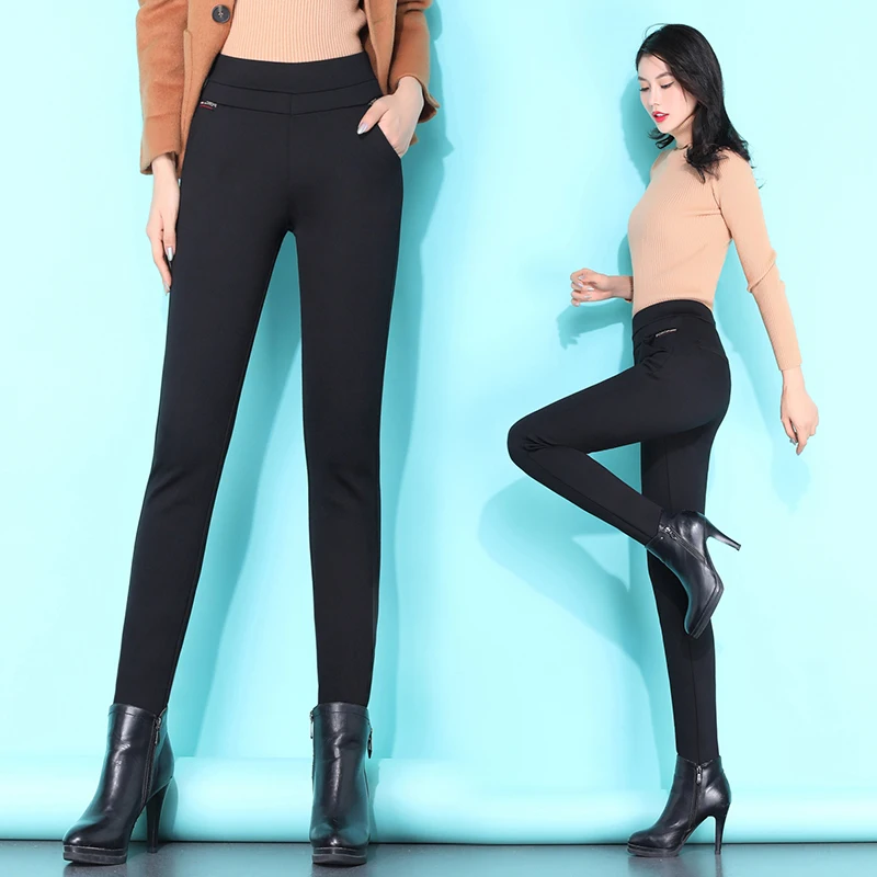 Деловые повседневные узкие брюки женские зимние теплые обтягивающие больших