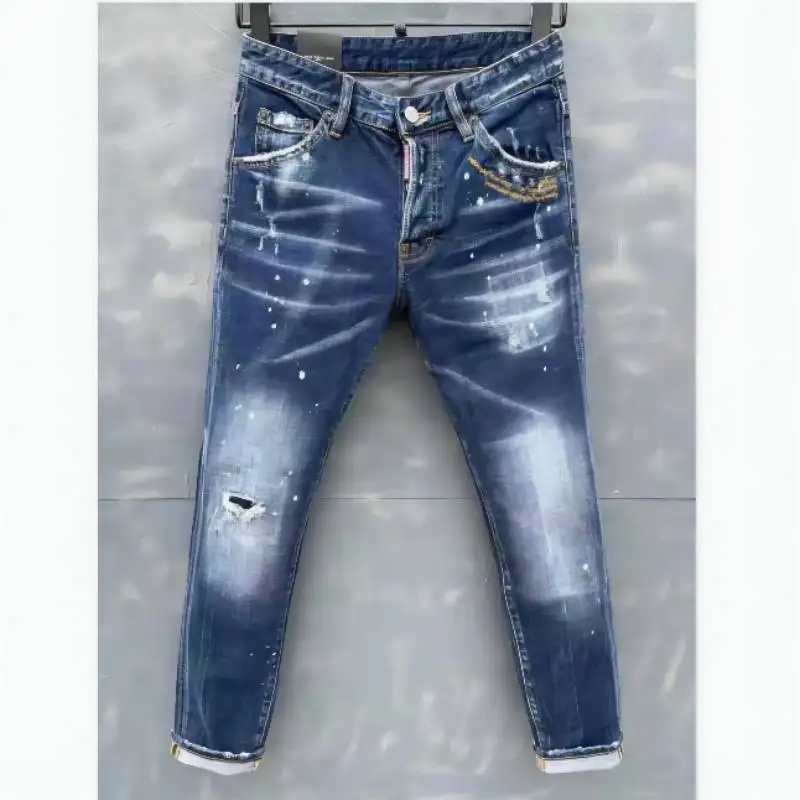 

DSQUARED2 Men's Skinny Jeans With Ripped Holes And elastic Paint Spray Blue Stitching Beggar Pants 026#