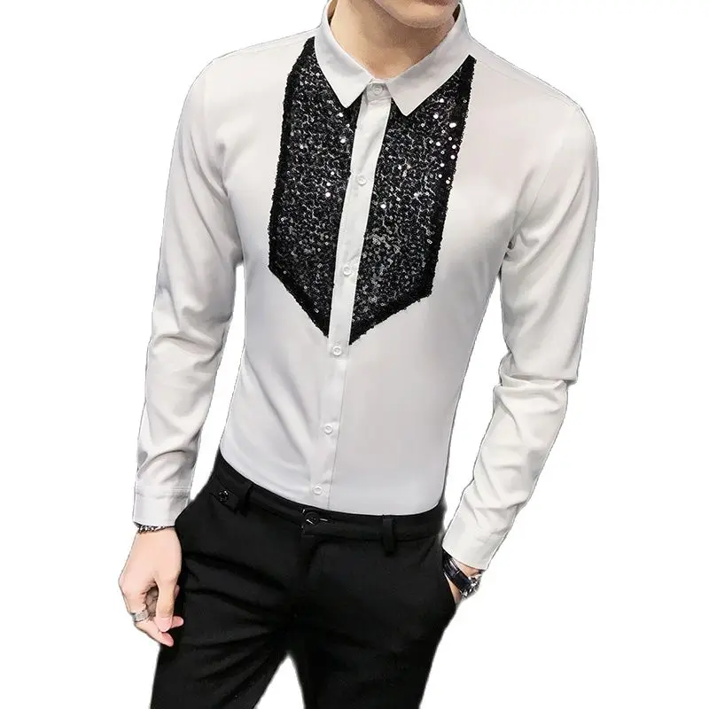 Рубашка мужская с блестками под смокинг повседневная приталенная классическая