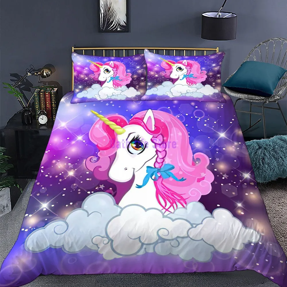 Комплект постельного белья розового цвета с мультяшным единорогом для девочек -
