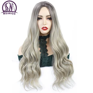 Женские длинные волнистые парики MSIWIGS, Синтетические Искусственные волосы, двухцветные, средней части линии, натуральные черные парики