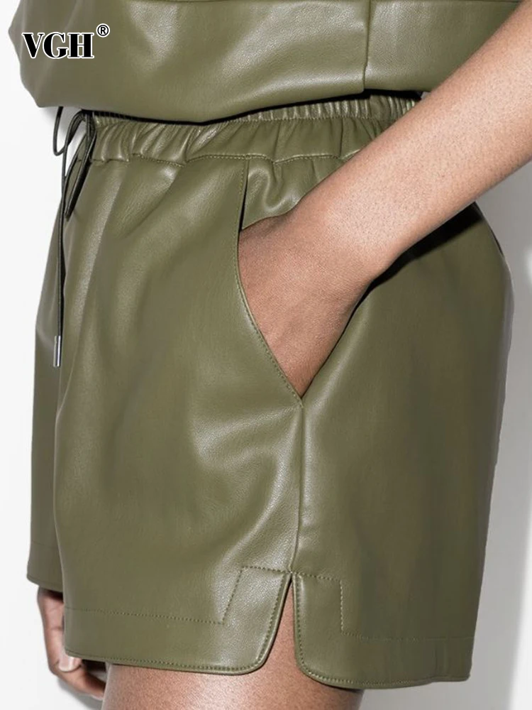 

VGH PU Leather Green Casual Shorts For Women High Waist Solid Minimalist Loose Straight Pants Female Clothing Summer New Style