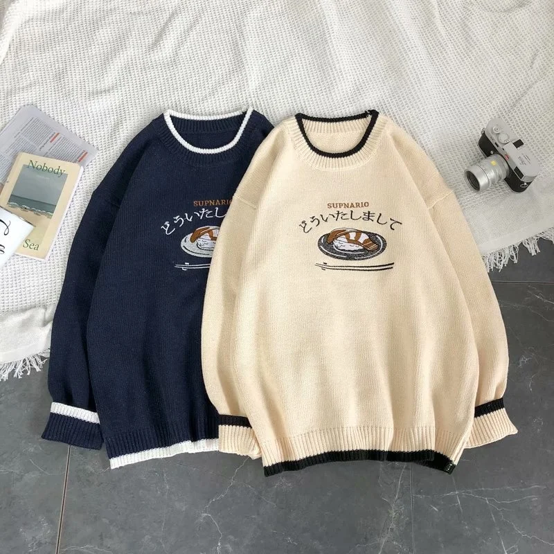 

2022 Korean Style College Style Loose Sweater Cartoon Anime Hit Color Round Neck Sweater for Men and Women