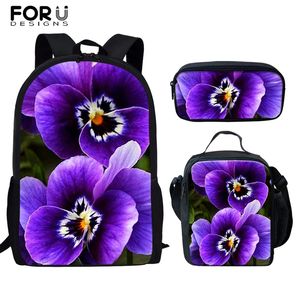 

FORUDESIGNS Purple Lilac Design 16 Inch Kids Backpack School Bags for Children Flower Prints Teenagers Girls Book Bag Travel Sac