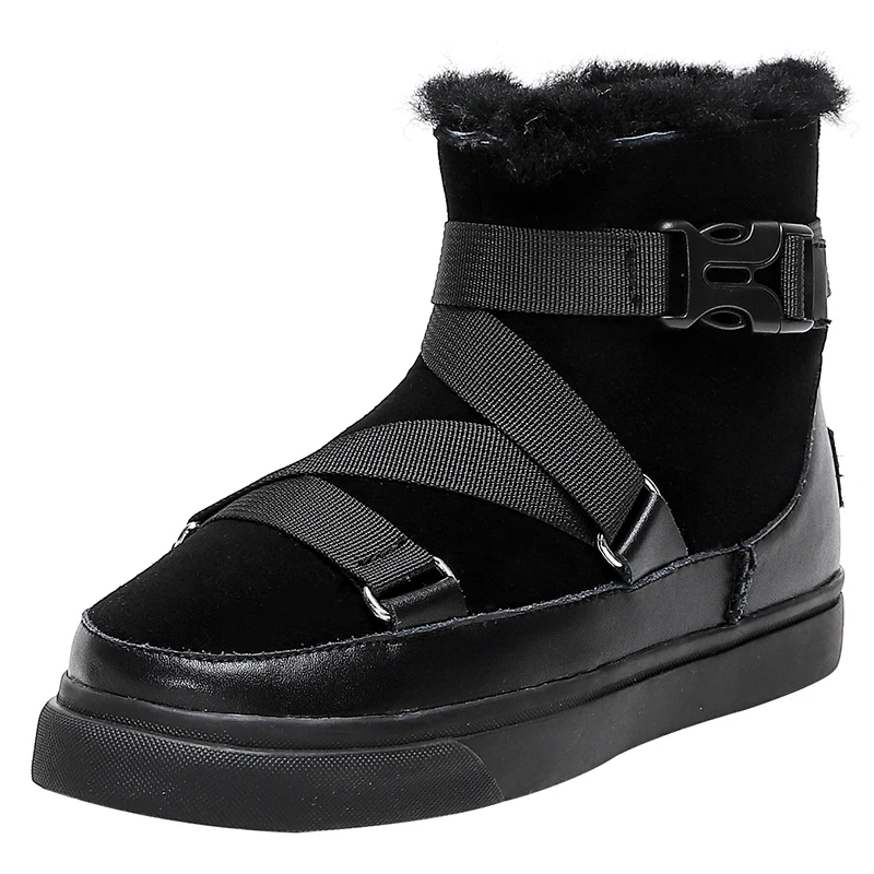 

2021 New Winter Women's Snow Boots Chunky Flat Heeled Ladies Shoes with Buckle Strap Cow Suede Plush Fashion Gray Black Camel