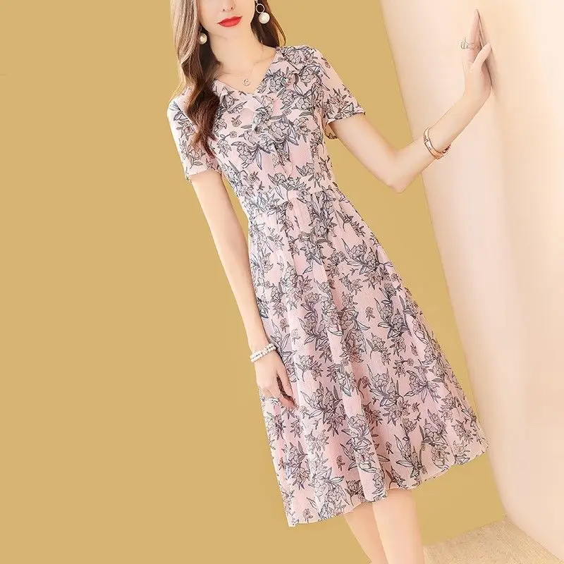 

2021 Women Summer Casual Print Chiffon Dress Female Floral V-neck Short Sleeve Pleated Dresses Lady Vintage A-line Vestidos K211