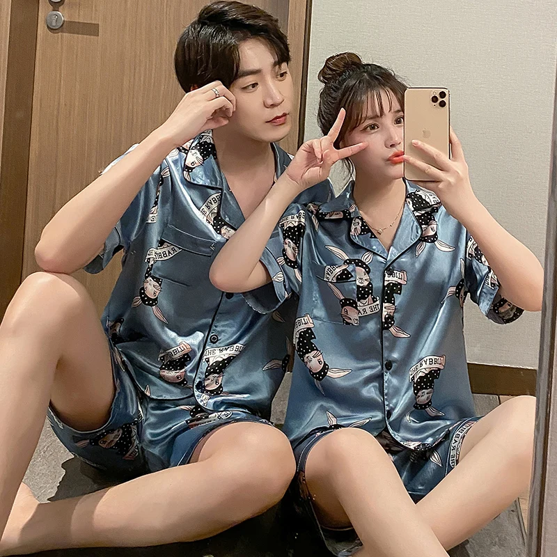 

New Summer Blue Couple Pajamas Set Cartoon Print Home Couple Pajamas Two-piece Short-sleeved Thin Ice Silk Pajamas Set