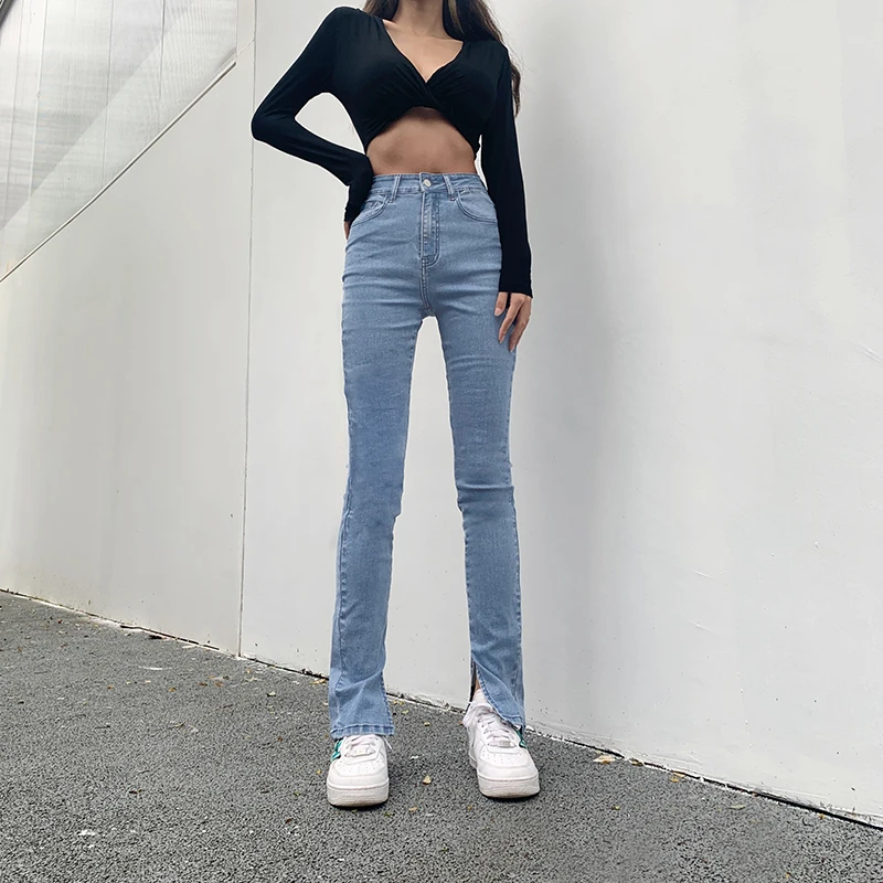 

Stretch Jeans Woman 2021 High Waist Femme Split Pencil Tight Denim Skinny Trousers Flared Pants Women Donna Bell Bottom Jeans