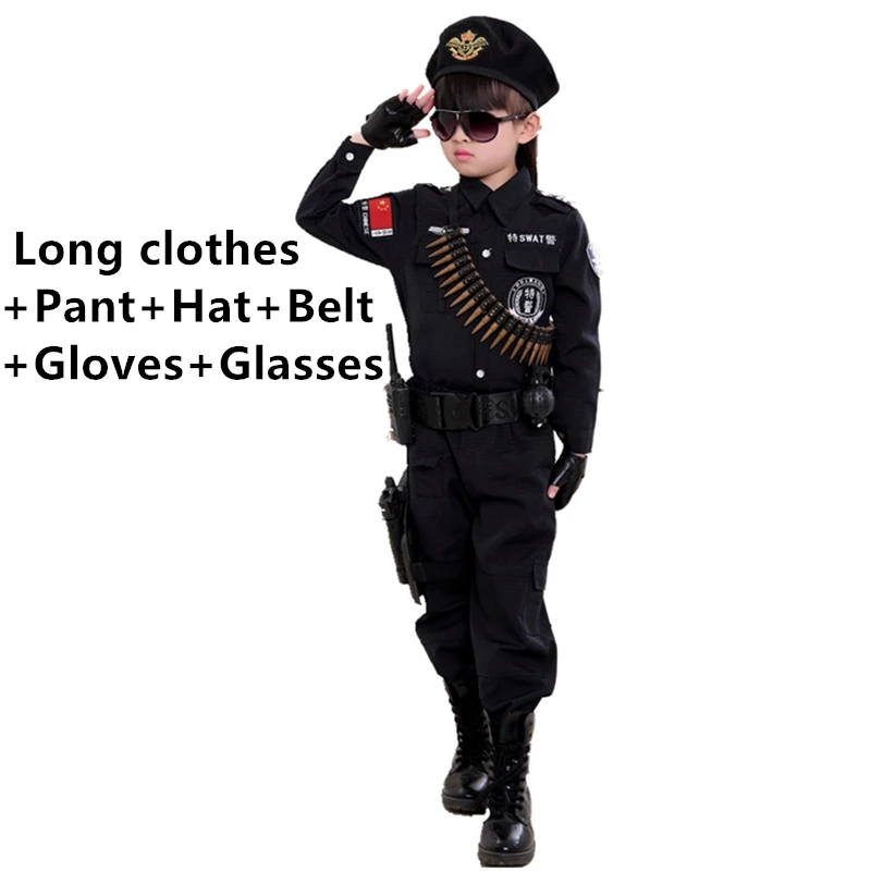 Long set soft hat Специальная одежда для мальчиков, Полицейская униформа, подарок на день рождения для детей, карнавальный костюм на Хэллоуин, детский армейский костюм спецназа - Цвет: Long set soft hat