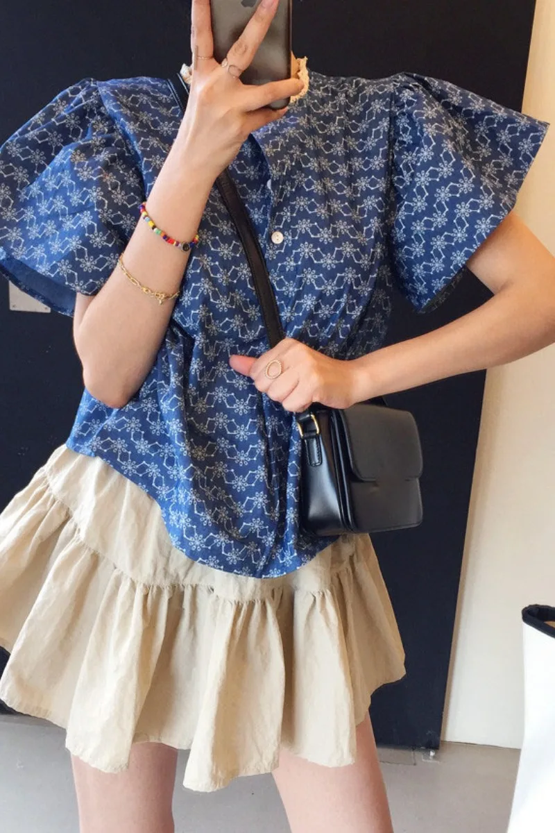 

Women's Blue Floral Fly Sleeve T Shirt Summer Loose O Neck Loose Tees Elegant Casual Tops For Women