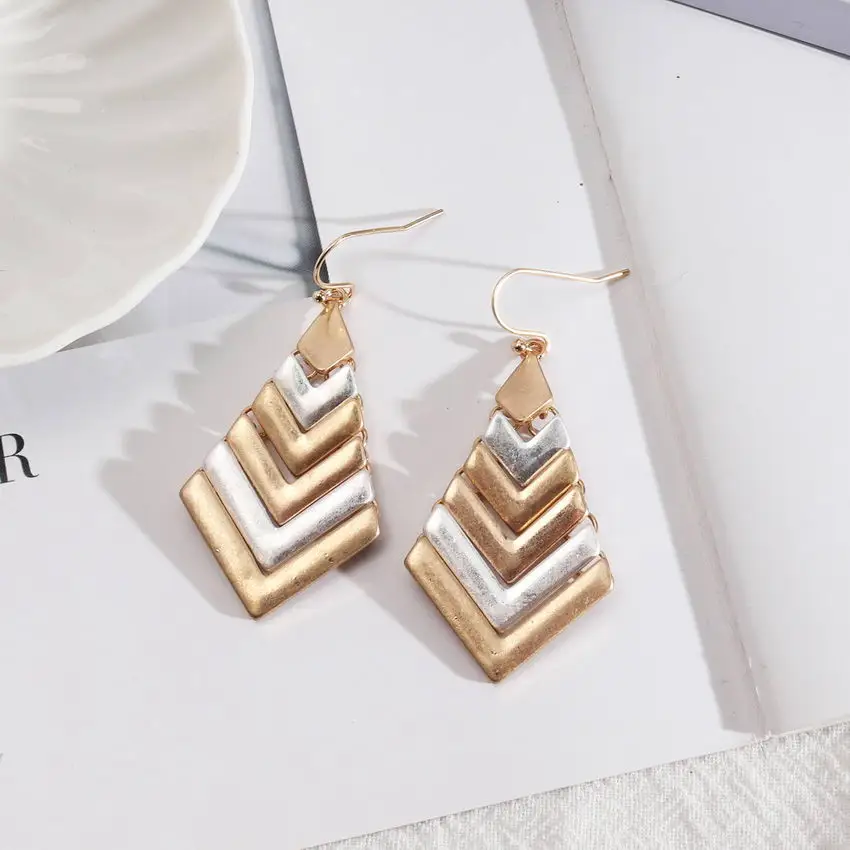 

Two Tone Mixed Metal Chevron Earrings for Women Fun Unique Cascade Arrow Link Dangle Earrings Wedding Themed Bridesmaids Jewelry