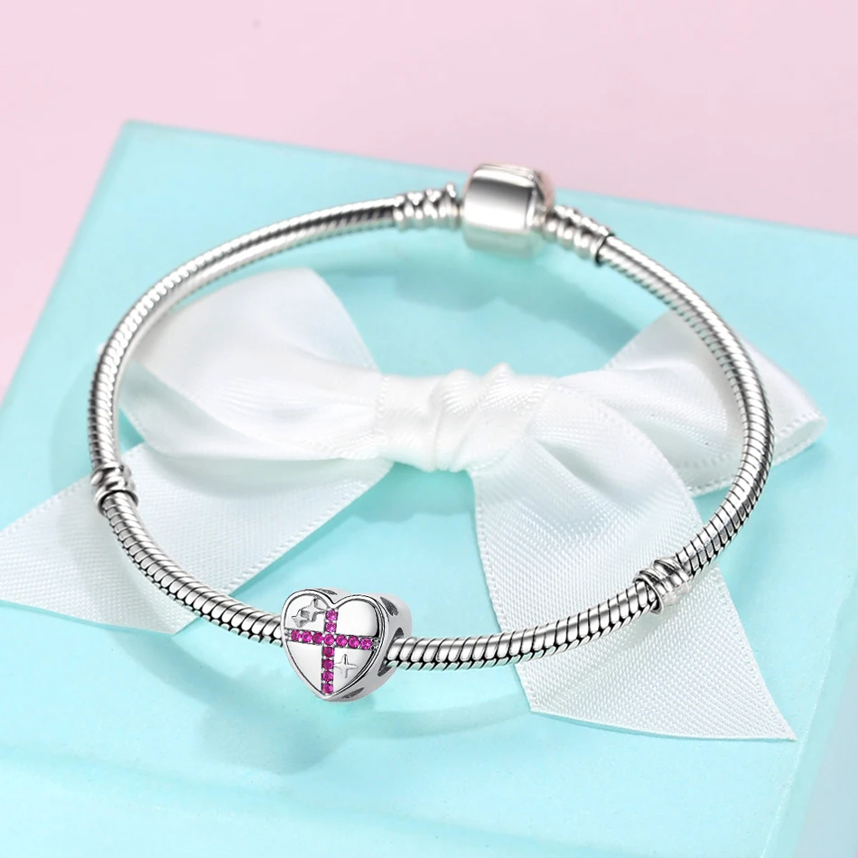 

Belief In Love Cross Pink CZ Charm Beads 925 Sterling Silver Custom Photo Charm Fit Bracelet DIY Women Jewelry Making