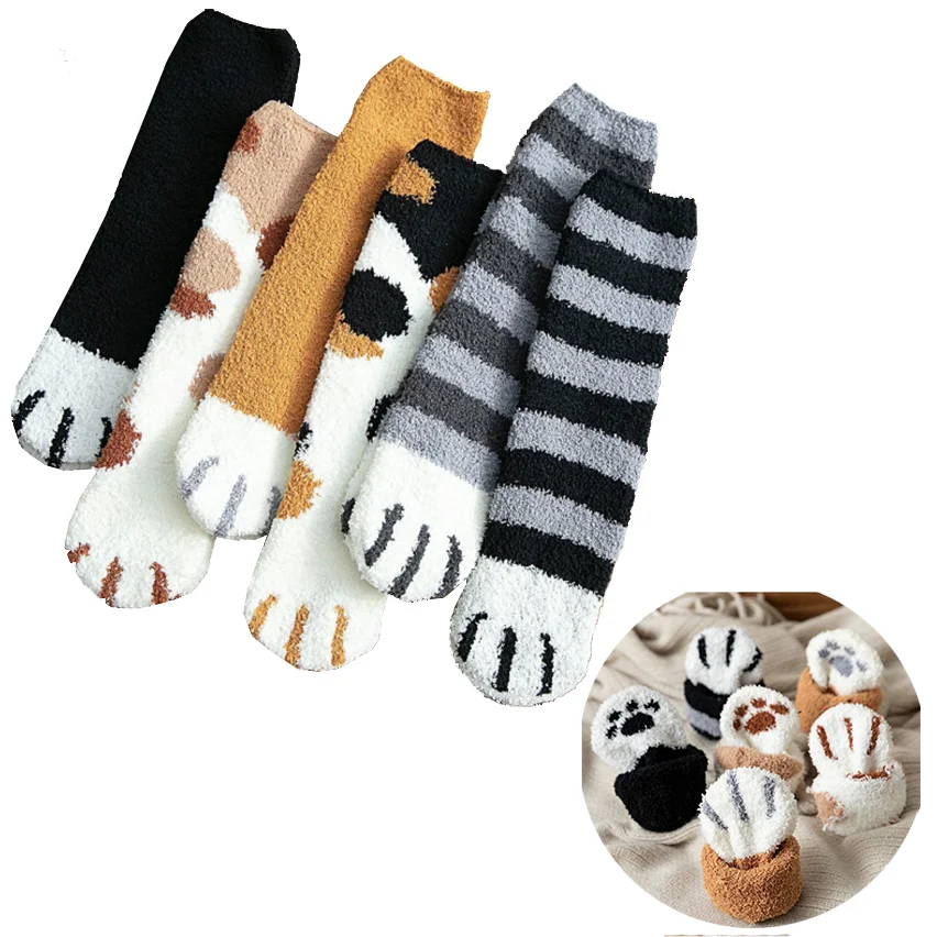 

6 Pairs Funny Cute Style Cat Paw Cartoon Pattern Women Warm Coral Fleece Socks Soft Girl Female House Sleeping Floor Sox
